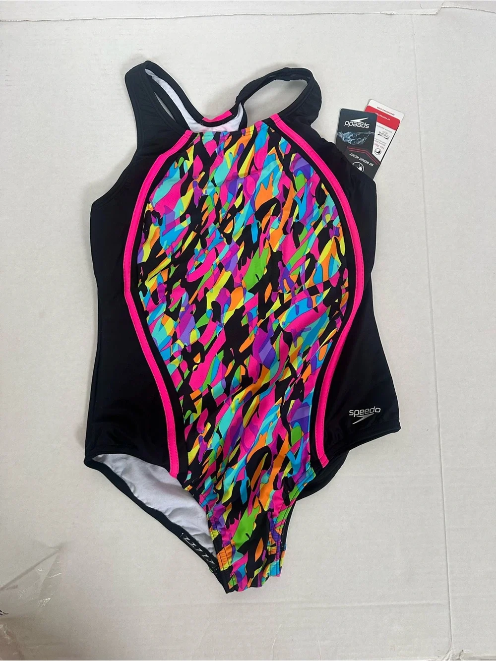 Speedo Black One-Piece with Bright Multi-Color Abstract Front